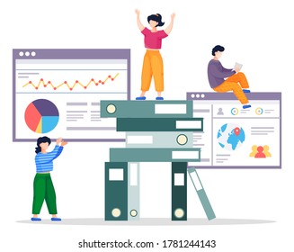 Flat vector illustration with cartoon characters. Woman standing at folders, archive documents. Man looking through web pages sitting at website page, searching information, teamwork concept