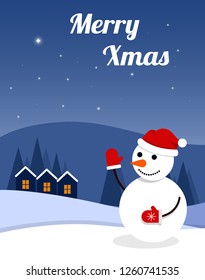 Flat vector illustration cartoon Christmas card with winter landscape
