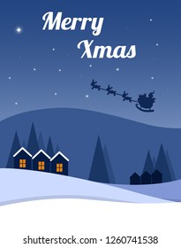 Flat vector illustration cartoon Christmas card with winter landscape