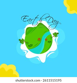 Flat vector illustration with cartoon Earth in a wreath of flowers holds a heart in her hands. Happy Earth Day concept