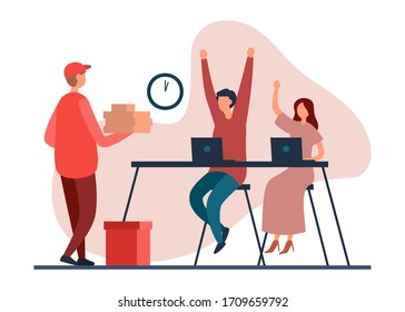 Flat vector illustration of cartoon employees at table with laptops greeting happily delivery man bringing food at lunch time into office