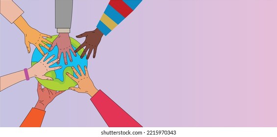 flat vector illustration of cartoon human hands of different ethnic groups holding planet earth globe, united nations, world peace, global international unity concept, copy space