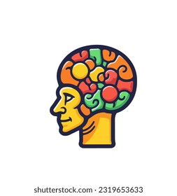 Flat vector illustration of cartoon human head in profile with visible brain