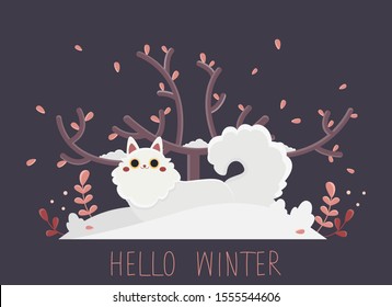 Flat vector illustration with a cartoon kawaii white cat which sits in the snow. A kitty with big eyes sits near a sitting under a big tree. Greeting card with text: Hello Winter
