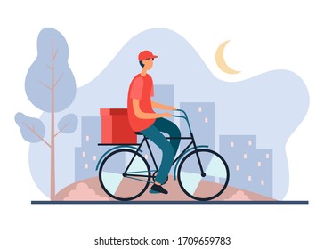 Flat vector illustration of cartoon male in red uniform of delivery company riding bicycle with food in box late at night with city on background. Round the clock delivery concept.