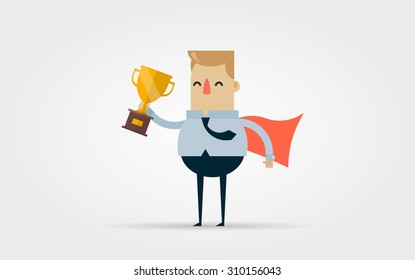 Flat Vector Illustration: Cartoon Office Worker Holding the Gold Cup