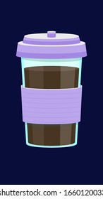 flat vector illustration of cartoon reusable travel mug with hot morning coffee takeaway isolated. concept of eco friendly cup with lid for bring your cup day in eco café, tearoom. fresh espresso