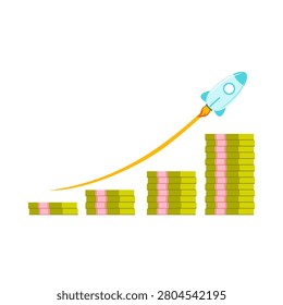Flat vector illustration of a cartoon rocket blasting off, leaving a fiery trail over a bar chart made of stacked green and pink banknotes.