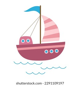 flat vector illustration of cartoon sailboat isolated on white, cute boat with sails and water waves in flat style