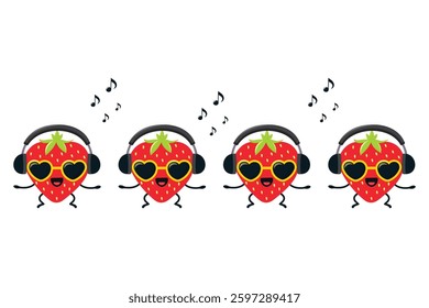 Flat vector illustration of a cartoon strawberry in sunglasses and headphones