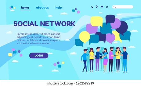 Flat vector illustration, cartoon style. People chat, bubbles communication, speech dialogue, man woman character portrait, horizontal, comfortable space website page template