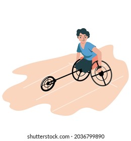 Flat vector illustration in cartoon style, man athlete on wheelchair