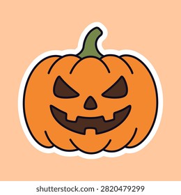 Flat vector illustration of a carved orange pumpkin jack-o-lantern with a scary expression, designed as a Halloween die-cut sticker.