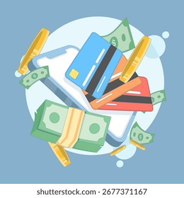 Flat vector illustration of cashless payment concept. Mobile phone with payment cards, bundles of cash, and floating coins representing online banking, digital transactions, and electronic payments.
