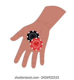 Flat vector illustration for casino. A hand holds playing chips of different colors.