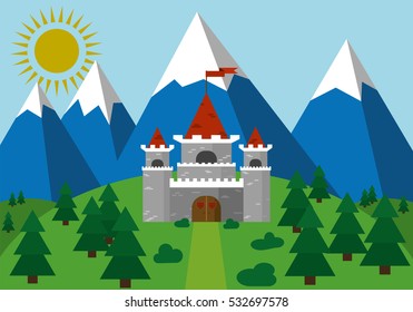 Flat vector illustration of castle on forest background