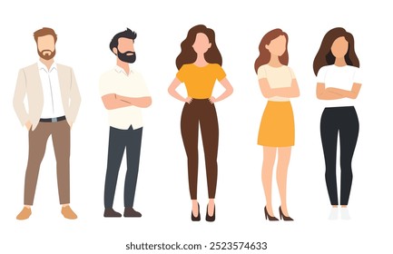 Ilustración vectorial plana de un equipo de negocios casual con diversos personajes masculinos y femeninos en ropa relajada y elegante. Perfecto para el trabajo en equipo, oficina o conceptos profesionales.