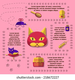 Flat Vector Illustration of Cat Infographic for Digital Design, Website, Background. Concept Pets Banner Template with toy, mouse; veterinary, brush