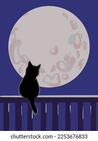 Flat vector illustration. The cat sits on the balcony railing and looks at the moon. Mesmerizing moonlight.