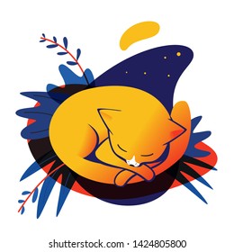 Flat vector illustration cat sleeping in the grass on a starry summer night