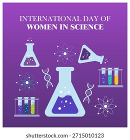 Ilustración vectorial plana que celebra el Día Internacional de la Mujer en la Ciencia. Con Elementos científicos como vasos de precipitados, tubos de ensayo, hélice de ADN, símbolos atómicos y equipos de laboratorio