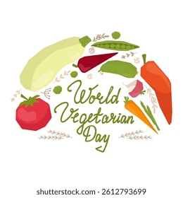 Flat vector illustration celebrating World Vegetarian Day with an assortment of colorful vegetables like tomatoes, carrots, and peas surrounding text. Perfect for promoting vegetarianism.