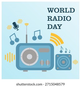 Ilustración vectorial plana que celebra el Día Mundial de la Radio, con un receptor de radio retro rodeado de micrófono, altavoces, notas musicales e íconos de ondas de sonido
