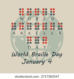 Ilustración vectorial plana celebrando el Día Mundial del Braille el 4 de enero. Puntos creativos del alfabeto braille que forman texto sobre un fondo de globo. Diseño educativo que promueva la accesibilidad, la inclusión y la concienciación.