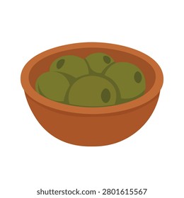Flat vector illustration of ceramic bowl with green olives, isolated on white background.