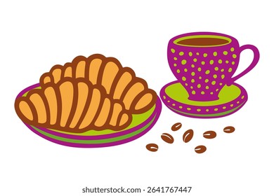 A flat vector illustration of a ceramic coffee cup on a saucer with two croissants on a plate and scattered coffee beans, featuring vibrant colors and a minimalist style