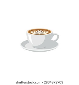 Flat vector illustration of a ceramic cup of hot coffee with decorative heart latte art on foam