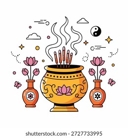 Ilustração de vetor plano de um arranjo cerimonial de queimador de incenso