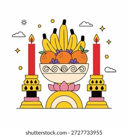 Flat vector illustration of a ceremonial offering arrangement, centered and symmetrical