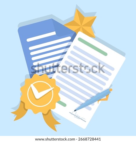 Flat vector illustration of certificate, achievement, award, grant, and diploma concepts. Premium quality graphic design element for education, success, recognition, and professional accomplishment