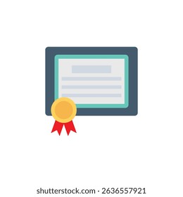 Flat vector illustration of a certificate or diploma with a gold seal and red ribbon. Ideal for concepts related to achievement, education, awards, or official documentation.