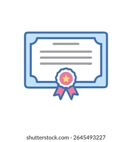 A flat vector illustration of a certificate or diploma with ribbon. Light blue and pink colors are used.