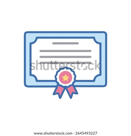 A flat vector illustration of a certificate or diploma with ribbon. Light blue and pink colors are used.