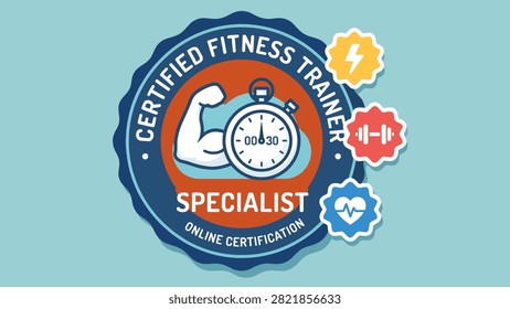 Flat vector illustration of a certified fitness trainer emblem with sports icons. Perfect for gym branding, fitness certification, coaching programs, wellness centers, and personal training services.
