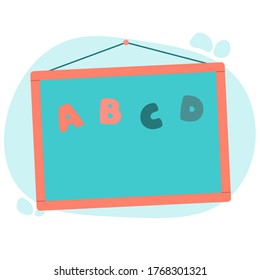 Ilustración vectorial plana de pizarra con marco de madera. Pizarra azul con letras. 