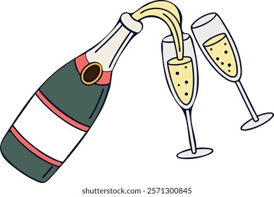 Flat vector illustration of a champagne bottle pouring bubbly into two glasses. Ideal for designs celebrating special occasions, weddings, New Year's Eve, or party invitations.