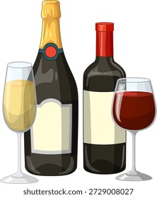 Ilustração vetor plana de champanhe e garrafas de vinho tinto ao lado de copos de vinho cheios