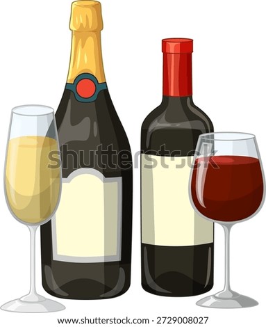 Flat vector illustration of champagne and red wine bottles standing beside filled wine glasses