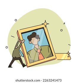 A flat vector illustration of a character carrying a large photo of the Employee of the Month, with a confident and proud expression on their face. 