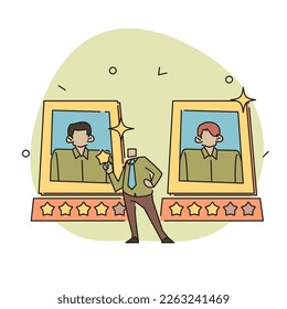 A flat vector illustration of a character with a clipboard, evaluating their coworkers to determine the Employee of the Month. 