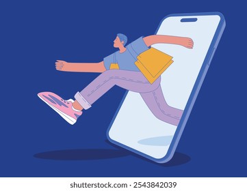 Ilustração vetorial plana de um personagem segurando sacolas de compras, emergindo de um smartphone. O personagem, um homem com roupas casuais, mostra emoção, isolado em um fundo azul.