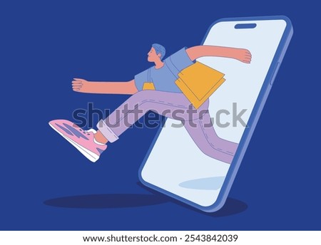 Flat vector illustration of a character holding shopping bags, emerging from a smartphone. The character, a man in casual clothing, shows excitement, isolated on a blue background.