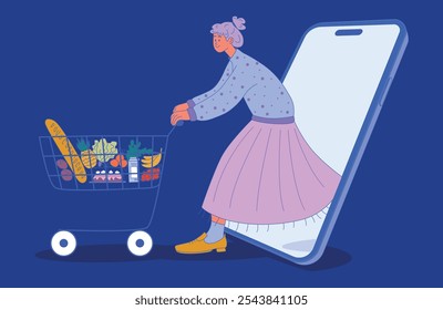 Ilustración vectorial plana de un personaje empujando un Carrito de compras con comestibles. La mujer lleva un suéter y una falda pastel, que transporta un sentimiento relajado. Aislado en un fondo azul.