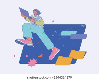 Una Ilustración vectorial plana de un personaje corriendo mientras sostiene una computadora portátil. El personaje usa ropa casual y zapatillas deportivas, que representan el movimiento activo y la energía. Estilo aislado.