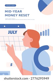 A flat vector illustration of a character walking on a quarterly calendar for a half-year money check. Designed in a clean and modern style for use in posters, financial guides, and budgeting templates.