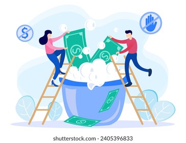 Flat vector illustration. Characters campaign against money laundering, ending corruption, collusion and illegal business. Suitable for web landing page, ui, banner template.